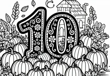 Die Zahl 10 mit Kürbissen im Oktober: Gratis Malvorlage