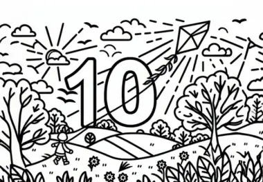 Zahl 10 mit Drachen im Herbst als Oktober Malvorlage (Kostenlos)