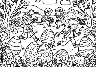 Kinder suchen Osternester: Malvorlage zum Download (Kostenlos)
