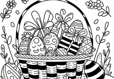 Osterkorb mit Geschenken als Ausmalbild (Kostenlos)