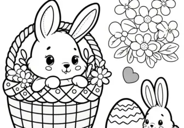 Osternest mit süßen Osterhasen: Malvorlage gratis zum Download