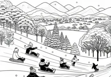 Kinder rodeln auf verschneitem Hügel im Januar: Ausmalbild zum Download (Kostenlos)