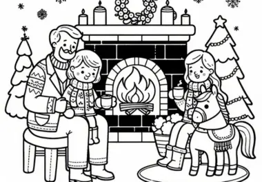 Familie genießt heiße Schokolade vor dem Kamin: Malvorlage zum Download (Kostenlos)