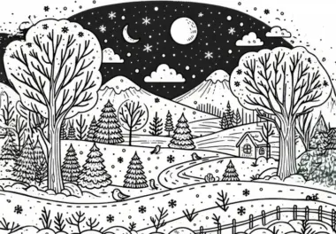 Verschneite Winterlandschaft mit kahlen Bäumen im Januar als Malvorlage (Kostenlos)