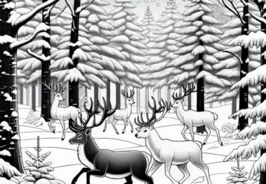 Hirsche im Winterwald im Januar: Gratis Ausmalbild