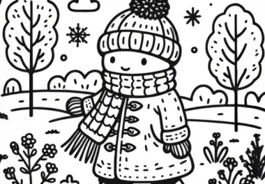 Junge mit dickem Wintermantel und Schal beim Spaziergang im Januar: Kostenlose Malvorlage