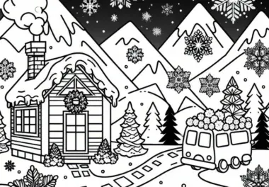 Schneeflocken wirbeln durch Winterlandschaft: Ausmalbild zum Download (Gratis)