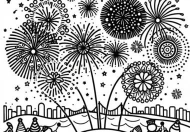 Neujahrsfeuerwerk im Januar: Malvorlage zum Herunterladen (Gratis)