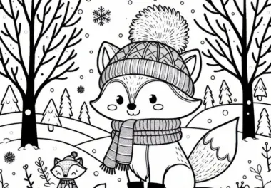 Niedliche Füchse im Winterwald im Januar: Malvorlage zum Ausmalen (Kostenlos)
