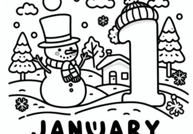 Zahl 1 für den Monat Januar mit Schneemann als Ausmalbild (Kostenlos)