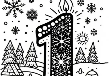 Zahl 1 für den Monat Januar als Kerze mit Schneeflocken: Ausmalbild zum Herunterladen (Gratis)