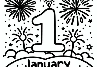 Zahl 1 für den Monat Januar mit Feuerwerk: Malvorlage zum Download (Kostenlos)