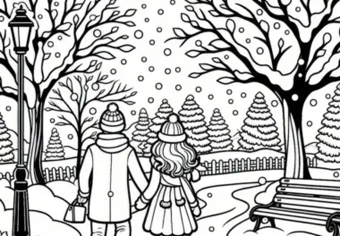 Paar beim romantischen Spaziergang durch verschneiten Park im Februar (Kostenlos)