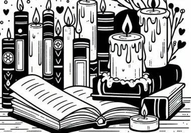 Gemütlicher Abend im Februar mit Büchern und Kerzen: Ausmalbild zum Download (Kostenlos)