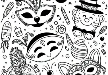 Masken und Hüte als typische Karnevalsmotive im Februar: Malvorlage zum Download (Gratis)