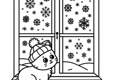 Kätzchen, das durch ein Fenster auf Schneeflocken im Februar schaut: Ausmalbild zum Herunterladen (Gratis)