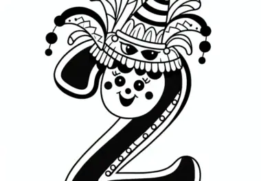 Zahl 2 mit einem Karnevalskostüm im Februar: Malvorlage zum Download (Gratis)