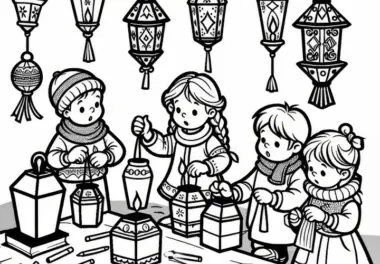 Kinder basteln Laternen für den Sankt Martins Umzug im November: Gratis Ausmalbild