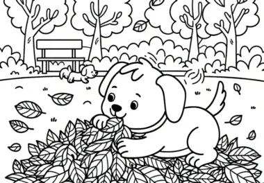 Hund spielt im Laubhaufen im Park im November: Malvorlage zum Download (Kostenlos)
