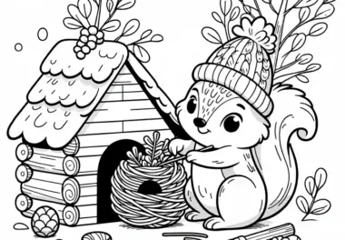 Eichhörnchen baut Nest im November für den Winter: Ausmalbild zum Download (Gratis)