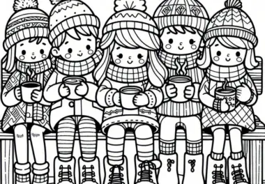 Kinder wärmen sich im November mit Kakao auf einer Bank: Malvorlage zum Download (Kostenlos)
