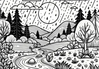 Kühler Novemberregen in der Landschaft: Ausmalbild zum Herunterladen (Gratis)