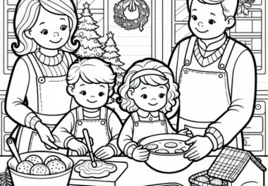 Familie backt Plätzchen im November zur Vorbereitung auf den Winter: Gratis Malvorlage