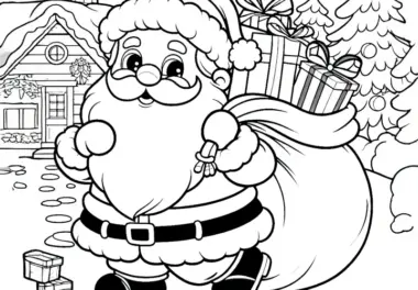 Weihnachtsmann mit Sack voller Geschenke im Dezember: Gratis Malvorlage