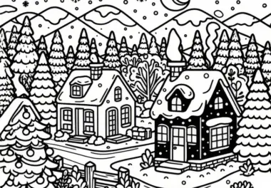 Verschneites Dorf im Dezember als Malvorlage (Kostenlos)