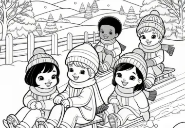 Kinder fahren Schlitten auf verschneitem Hügel im Dezember: Gratis Ausmalbild