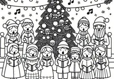 Menschen singen Weihnachtslieder vor einem festlich dekorierten Baum: Kostenloses Ausmalbild
