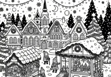 Verschneiter Weihnachsmarkt im Dezember als Malvorlage (Kostenlos)