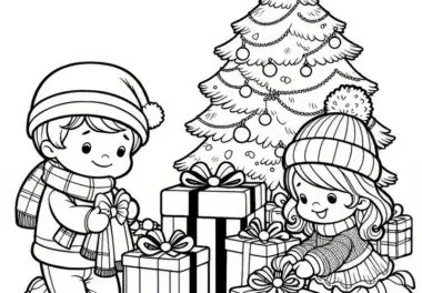 Kinder packen Geschenke unter dem Baum aus: Dezember Ausmalbild zum Download (Gratis)