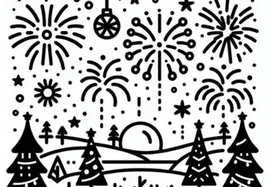 Neujahrsfeuerwerk im Dezember: Malvorlage zum Download (Kostenlos)