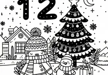Zahl 12 mit Weihnachtsbaum: Dezember Malvorlage (Gratis)