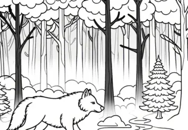 Wolf läuft durch nebelverhangenen Wald mit hohen Bäumen: Einfaches Ausmalbild (Kostenlos)