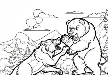 Kämpfender Wolf und ein Bär in einer wilden Szene: Einfaches Ausmalbild (Gratis)
