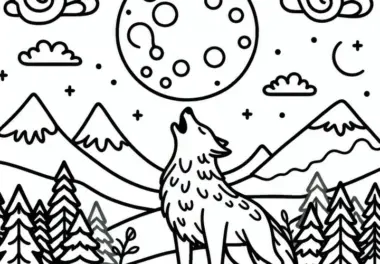 Wolf heult unter Vollmond in Berglandschaft: Einfache Malvorlage (Gratis)
