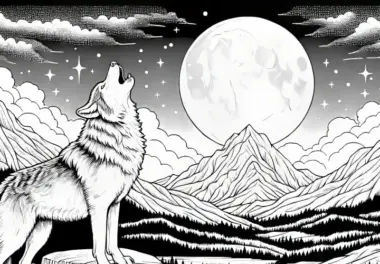 Wolf heult unter Vollmond bei Nacht in Berglandschaft: Ausmalbild zum Download (Kostenlos)