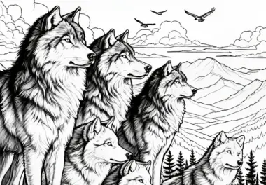 Wolfsrudel steht auf Hügel und blickt in die Ferne: Malvorlage zum Download (Kostenlos)