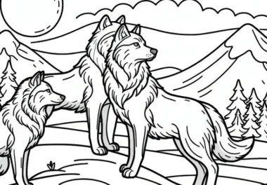 Wolfsrudel steht auf Hügel und blickt in Ferne: Einfache Malvorlage (Gratis)