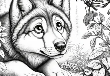 Wolf mit aufgestellten Ohren beobachtet neugierig einen Schmetterling: Kostenlose Malvorlage