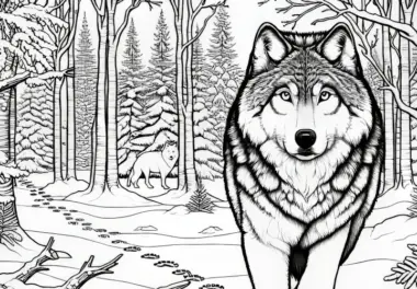 Wolf läuft durch einen verschneiten Wald mit Tierspuren im Schnee: Detailreiche Malvorlage (Kostenlos)