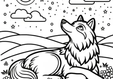 Friedlicher Wolf liegt im Gras und blickt in den Himmel: Einfache Malvorlage (Kostenlos)