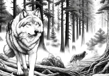 Wolf läuft durch einen nebelverhangenen Wald mit hohen Bäumen: Malvorlage zum Download (Gratis)