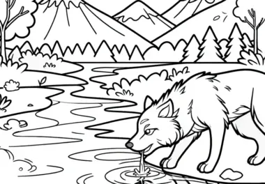 Wolf trinkt Wasser aus Fluss mit spiegelnder Oberfläche: Einfache Malvorlage (Gratis)