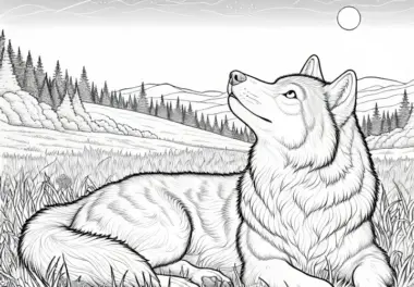 Friedlicher Wolf liegt im Gras und blickt in den Himmel: Kostenlose Malvorlage