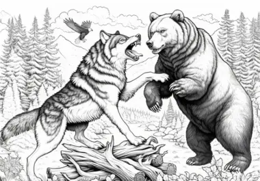 Kämpfender Wolf und ein Bär in einer wilden Szene: Kostenlose Malvorlage