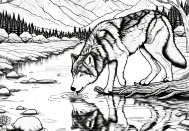Wolf trinkt Wasser aus Fluss mit spiegelnder Oberfläche: Gratis Ausmalbild