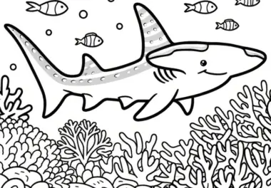 Ausmalbild: Hai schwimmt zwischen Korallen und Fischen (Gratis)